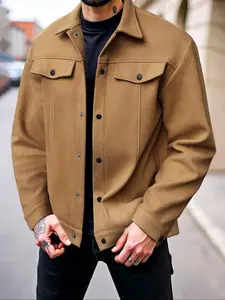 Men's Woven Fabric Jacket Coat Casual Outerwear Autumn Winter Casual Plain Fitted Long Sleeve Button Front Shirt Pocket Design for Daily Wear & Outdoor Activities