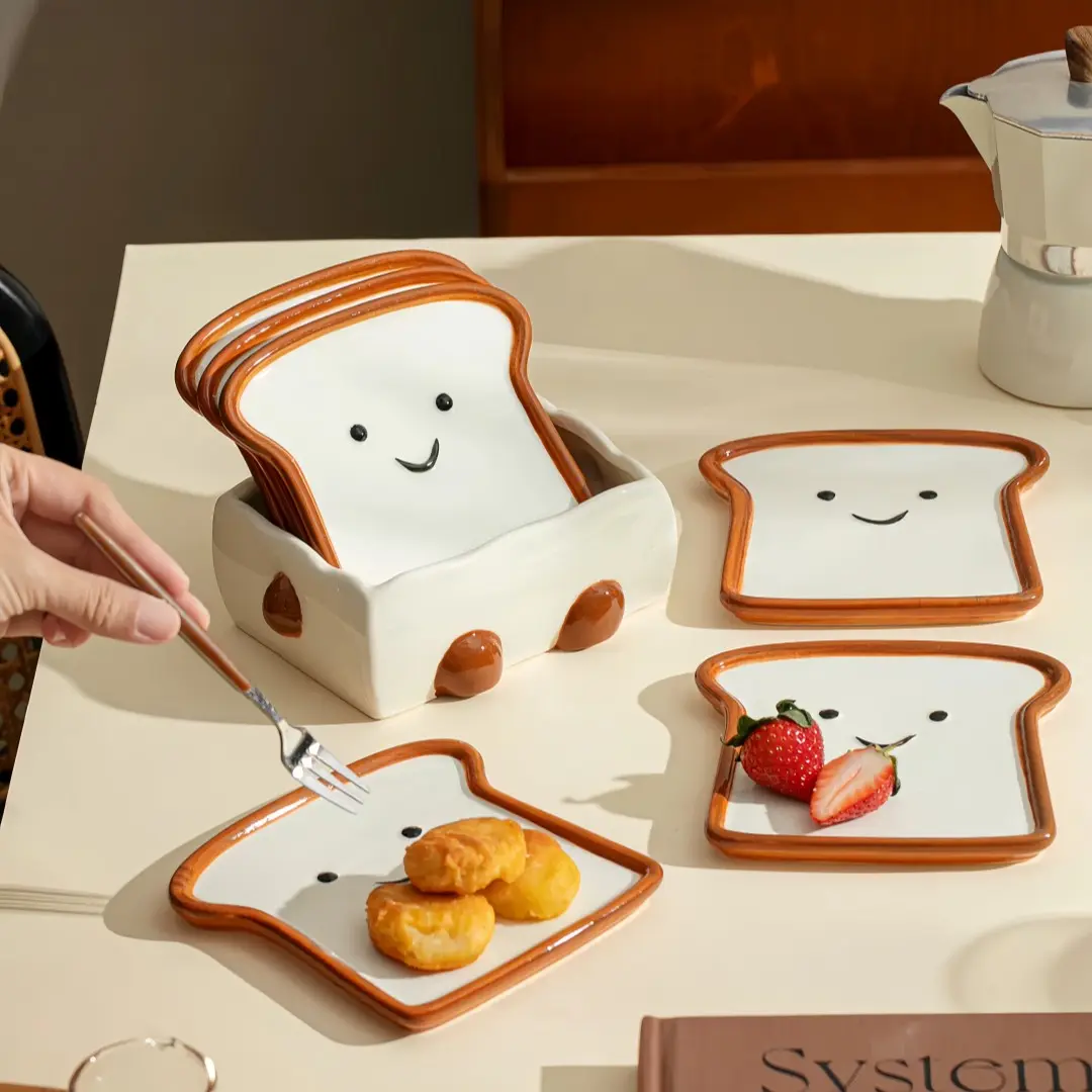 7pcs Smiley Toast Ceramic Plates with Base, Cute Sweet Treat Dishes, Spoon Rest, Jewelry Dish, Party Snacks, Salad Serving Plates, Restaurant Utensils, Gift for Coffee Lovers, Dinner Set, Decorative Plates