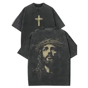 230g Heavyweight Vintage Washed Jesus Crown of Thorns Front & Back Graphic T-Shirt 100% Cotton Breathable Moisture-Wicking Acid Washed Tee Christian Faith Religious Oversized Streetwear Top for Men Women, Oversize, T Shirts,summervibes