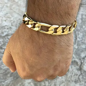 Men's 14K Gold Plated Figaro Hip Hop Bracelet 8" Inch x 12 MM Thick Wrist Chain