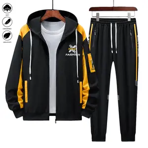 Men's Fashion  Tracksuit Set - Hooded Zipper Jacket with Stylish Letter Print ,Paired with Elastic Waist Jogger Pants with Zipper Pockets , Trendy Casual Sportswear for Daily Wear, Outdoor Exercises, and Street Style Looks, Featuring Comfortable Fabric