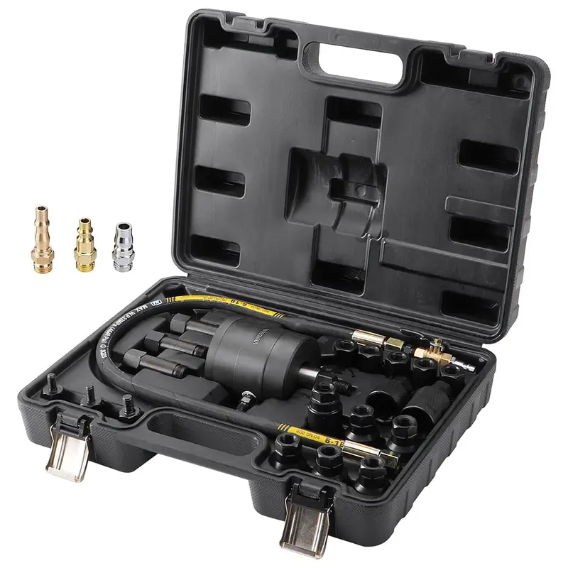 21pcs Pneumatic Injector Puller Kit - Chrome Vanadium Steel Mechanic Tool with Air Inlet Hose, 19 Adapters, Oil Wrench Set, Convenient & Quick Use, Durable & Precise Engineering for Bosch Delphi Denso Siemens Engine Injectors, Car Accessories