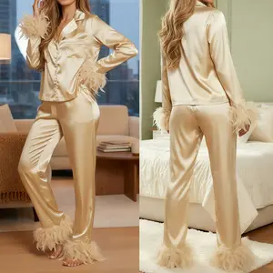 Women's 2 Piece Lounge Set Long Sleeve Lapel Button Up Satin Shirt Pants Sleepwear Sets