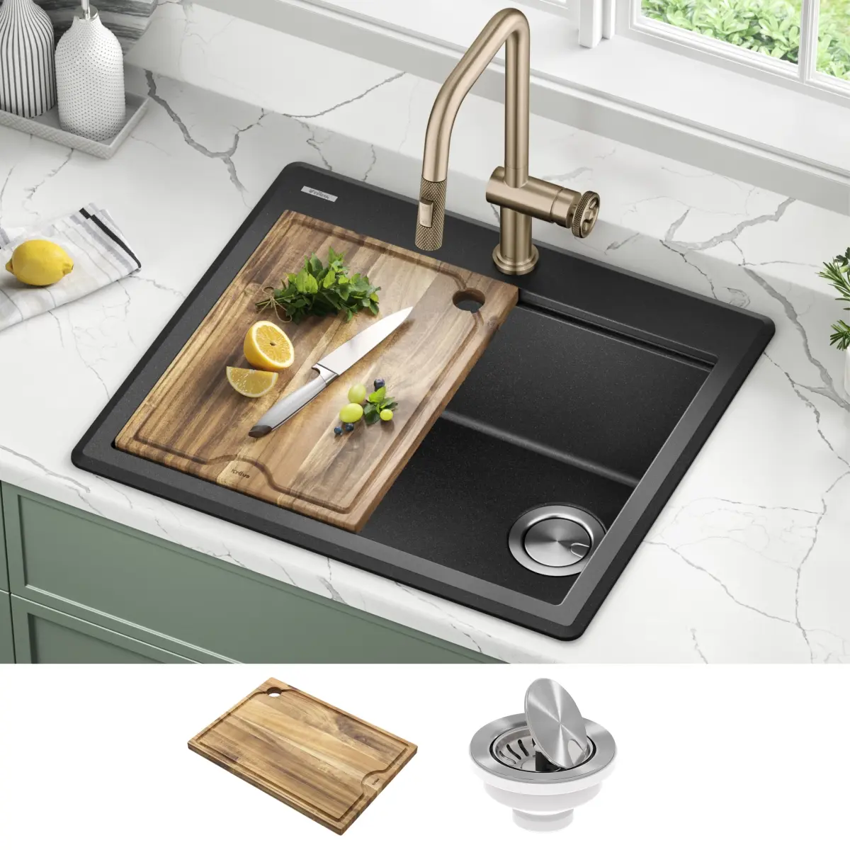 Kraus KGTW12-25MBL 25 in. Modern Bellucci Granite Composite Workstation Single Bowl Kitchen Sink, Drop-In/Top Mount, Metallic Black, Integrated Ledge, Rounded Corners, Included Installation Kit for Indoor Homeowners