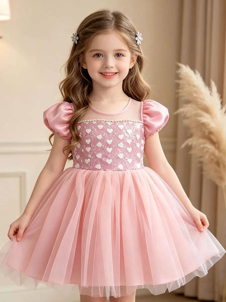 Girls' Polyester-Elastane Blend Crew Neck Puff Short-Sleeve Princess Tutu Dress - Heart Sequins Bodice, Multi-Layer Tulle Skirt, Mini Length, Sweet Look, All Seasons, Birthday Clothes for Birthday Party & Flower Girl Events, Puff Sleeve, Polyester Blend,