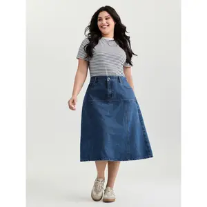 【Summer Turn-Up】BlOOMCHIC Plus Size Elastic Back Waistband Maxi Denim Skirt [M-6X] 2026 Summer Pick for Mother's Day