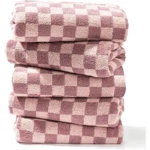 Luxurious Checkered Cotton Hand Towels Set of 5 - Soft, Absorbent, and Decorative Checkered Design for Bathroom, Kitchen, Gym, and  - 13 x 29 Inches for Any Occasion (Purple)