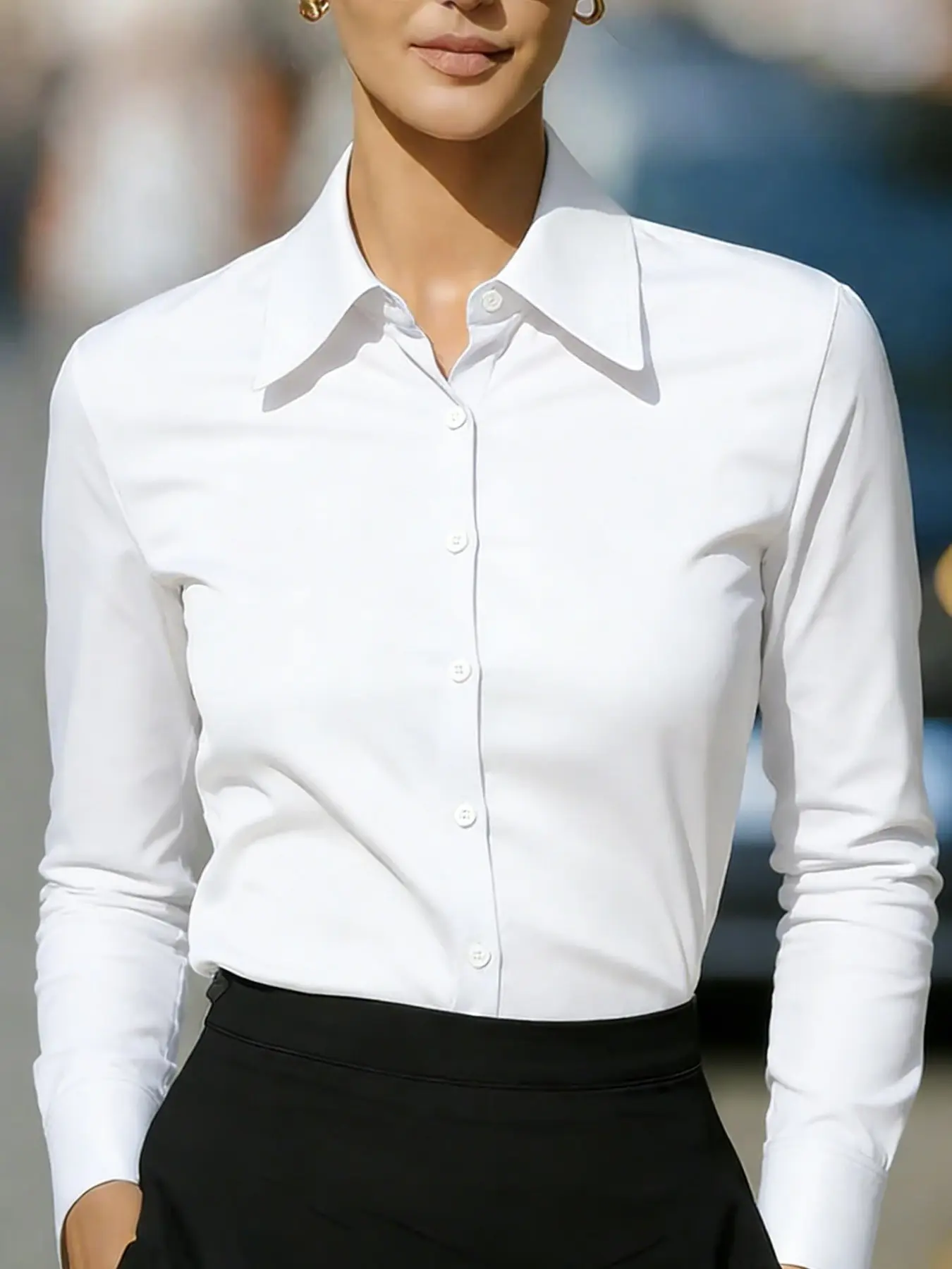 Women's Classic Essential Basic Formal Elegance Button-Down Shirt, Tailored Long Sleeve Collared Blouse, Top, Day, Wrinkle-Resistant Stretch Fabric, Slim Fit, Spring & Fall