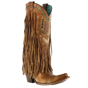 Corral Ladies Brown & Multicolor Crystal Fringe Snip Toe Boots C2910