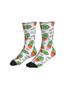 White Background Kawaii Cactus With Glasses Mid Calf Socks Happy Quote Cute Plant Streetwear Socks