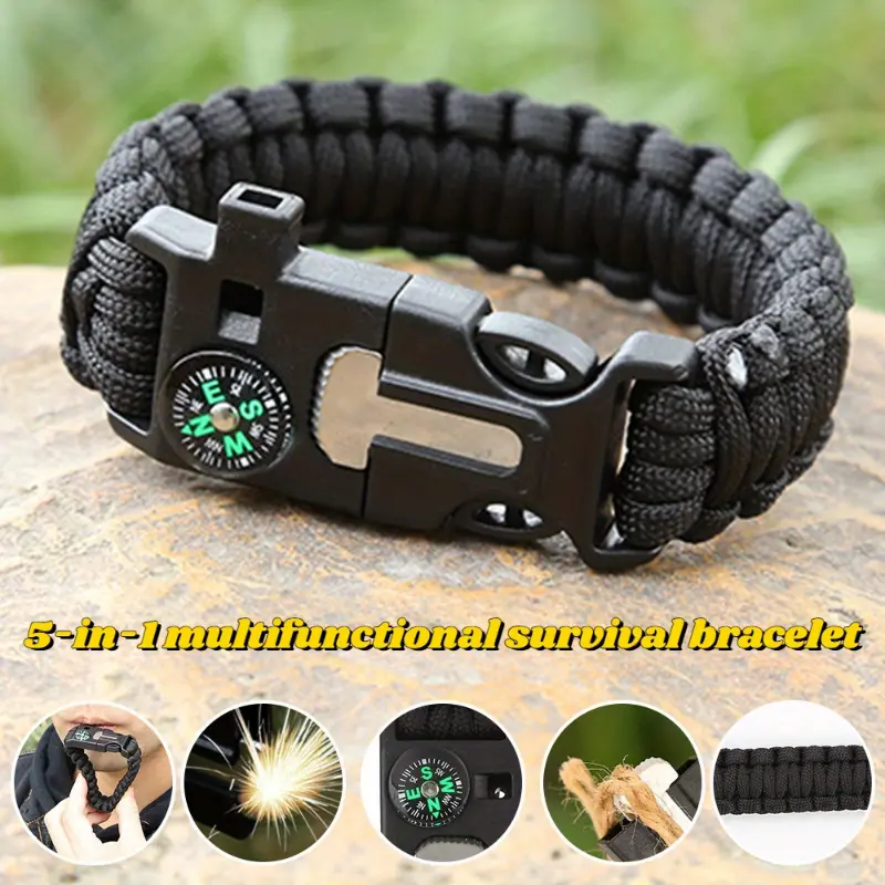 5-in-1 Tactical Survival Bracelet with Compass, Whistle, Fire Starter, Cutting Tool, Emergency Rope for Hiking, Camping, Outdoor GPS & Navigation Gear