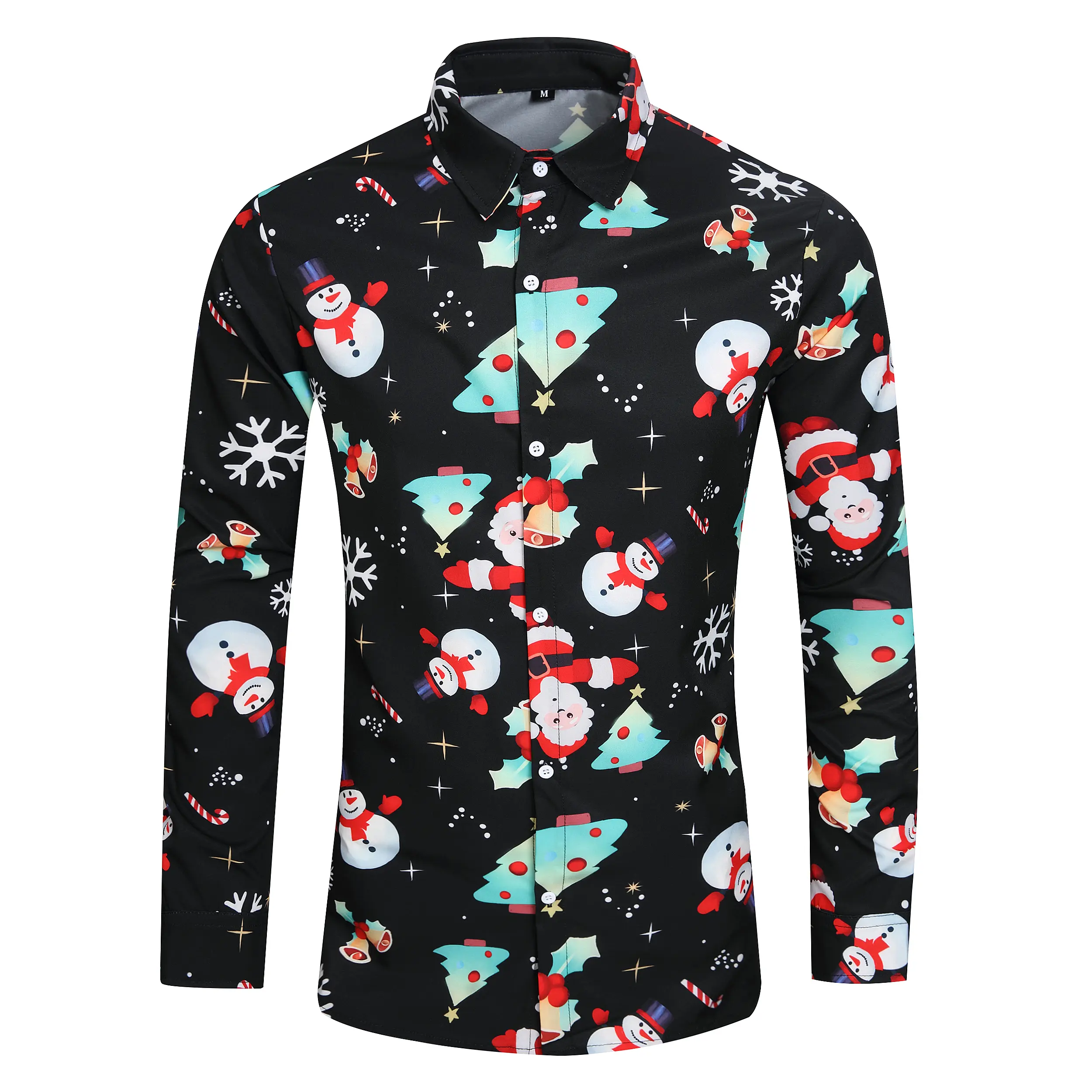 JUNBAOSS Men's Long Sleeve Fitted Ugly Christmas Button-Down Shirt - Black, Featuring Santa, Snowman, Tree & Snowflake Prints, Festive Holiday Party Casual Dress Top