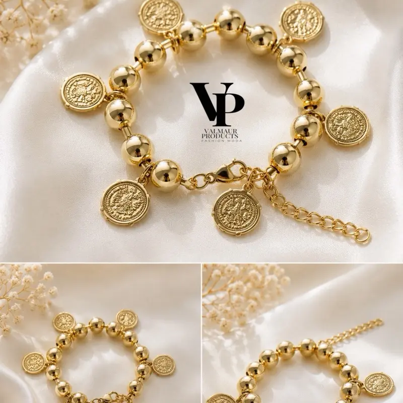 Valmaur Products Vintage Coin Charm Bracelet – Luxury Gold Plated Brass Beaded Bracelet for Women