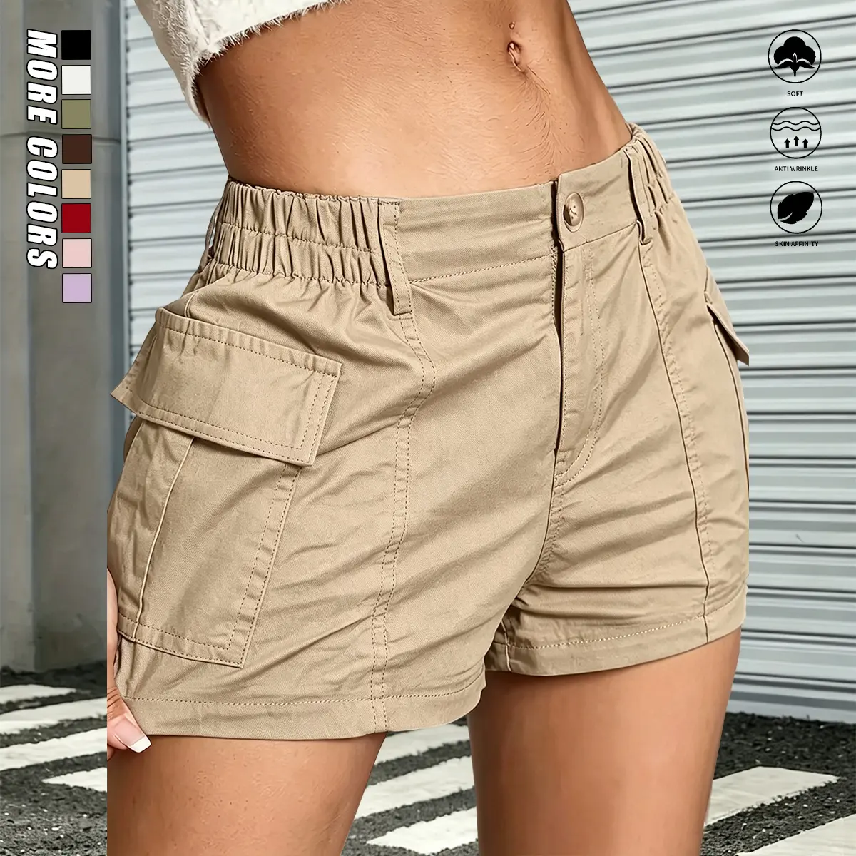Summer high-waisted casual shorts with pockets, suitable for the beach, holidays, outdoor sports, and everyday summer wear. Cargo shorts with flap pockets on the sides are ideal for summer travel, vacations, beach activities, workouts, outdoor running, sh