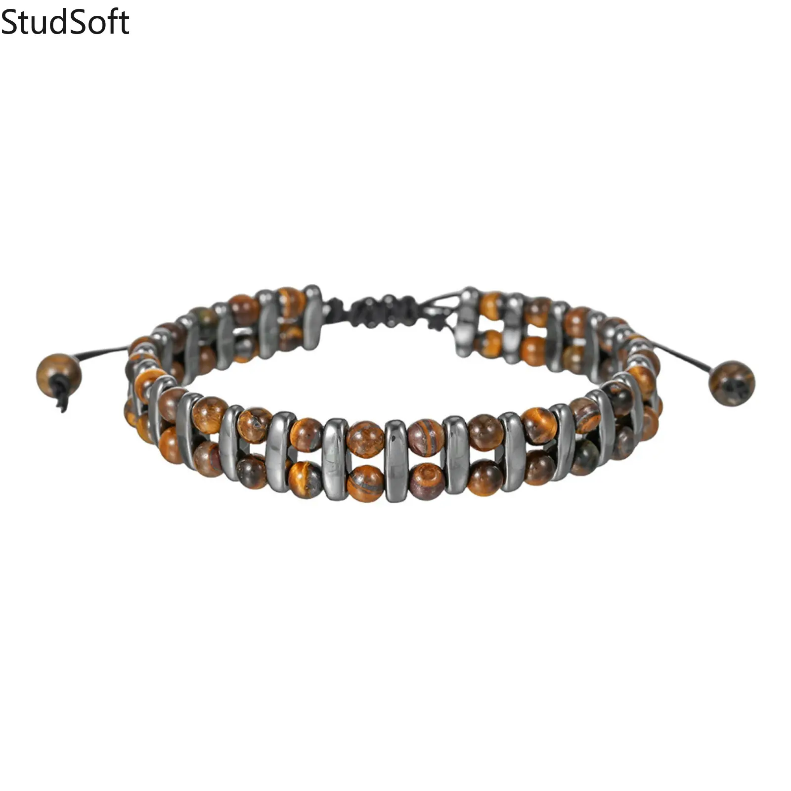 Tigers Eye Bracelet for Adults, Unisex Double-Row Hand-Beaded Cuff with Hematite on an Adjustable Braided Rope for Daily Wear
