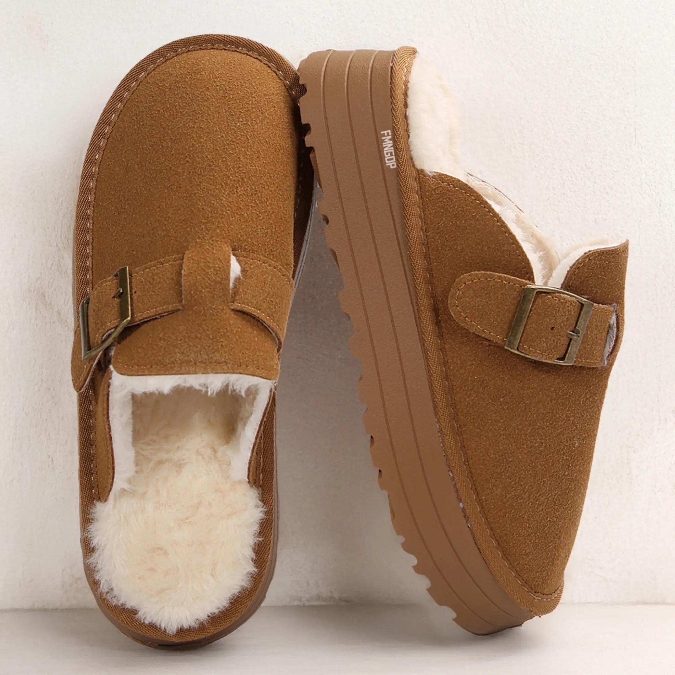 Women's Comfy Suede Buckle Platform Slippers Plush - Lined Slip - on Indoor Outdoor Shoes for Daily Wear