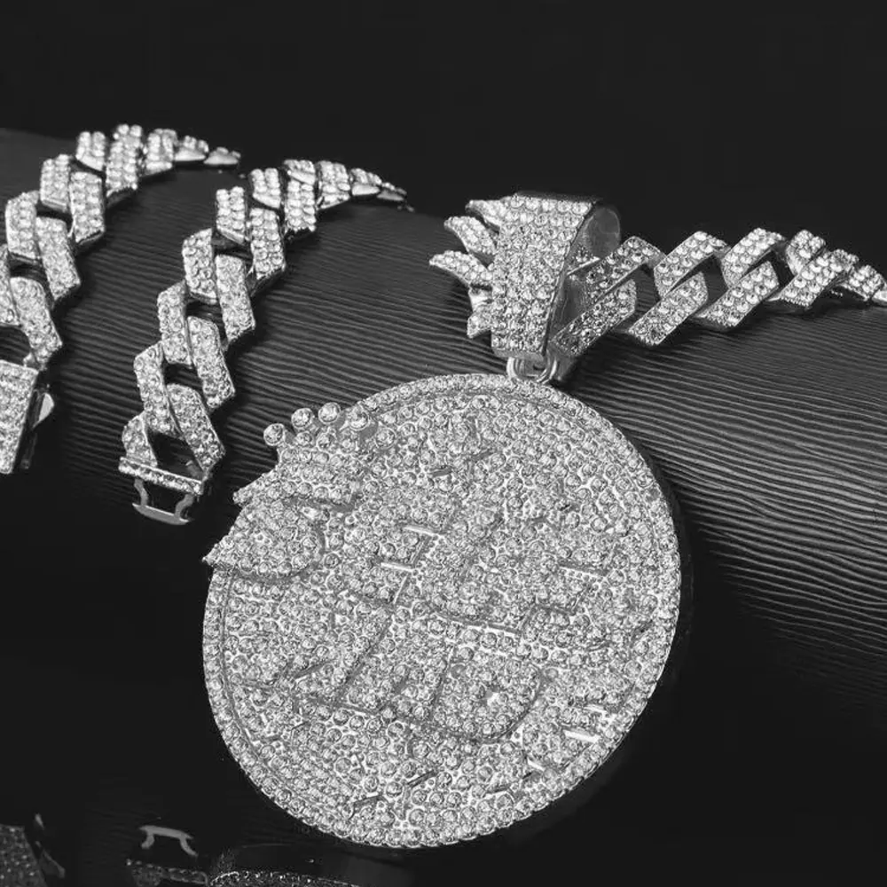 Hip Hop SELF MADE Letter Pendant Necklace, Ice Crystal Street Style Full Diamond Round – Zinc Alloy Miami Cuban Chain, Sparkling Rhinestone Jewelry for Daily Wear, Includes Elegant Gift Box