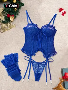 Christmas Polyester Blend Fit Sexy Feminine Bow Lace Ruffle BabyDoll Dress Set, Lingerie, Underwear, All Seasons Wear