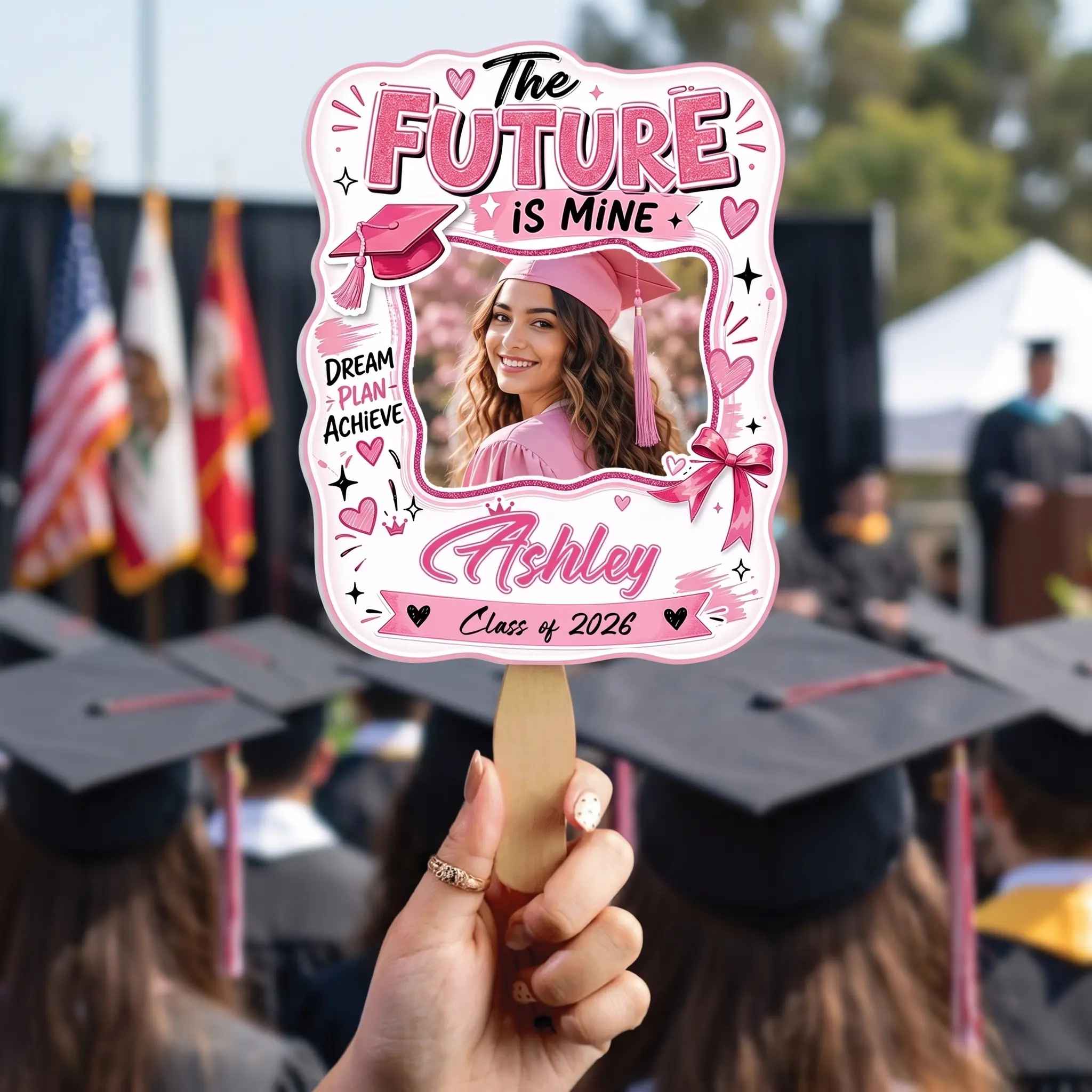The Future Is Mine Pink Custom Shape Photo Hand Fan with Photo, Name Graduation Party Fan