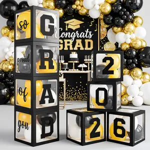 2026 Graduation Decorations, 4 Pcs Black Balloon Boxes with GRAD 2026 & So Proud of You Letters and 20 Pcs Balloons, Class of 2026 Graduation Party Decorations Supplies for High School College