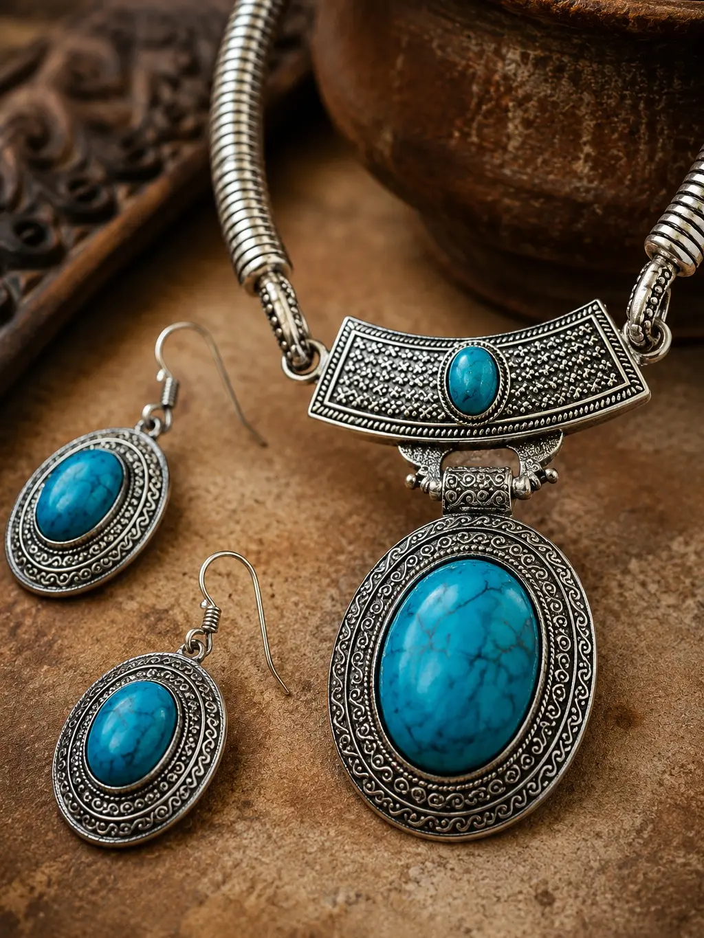 UA#11 Classic Turquoise Stone Necklace & Earrings Set, Vintage Retro Boho Statement Jewelry for Women with Vibrant Stones and Heavy Crafted Metalwork, Brass Alloy, Female, Ethnic