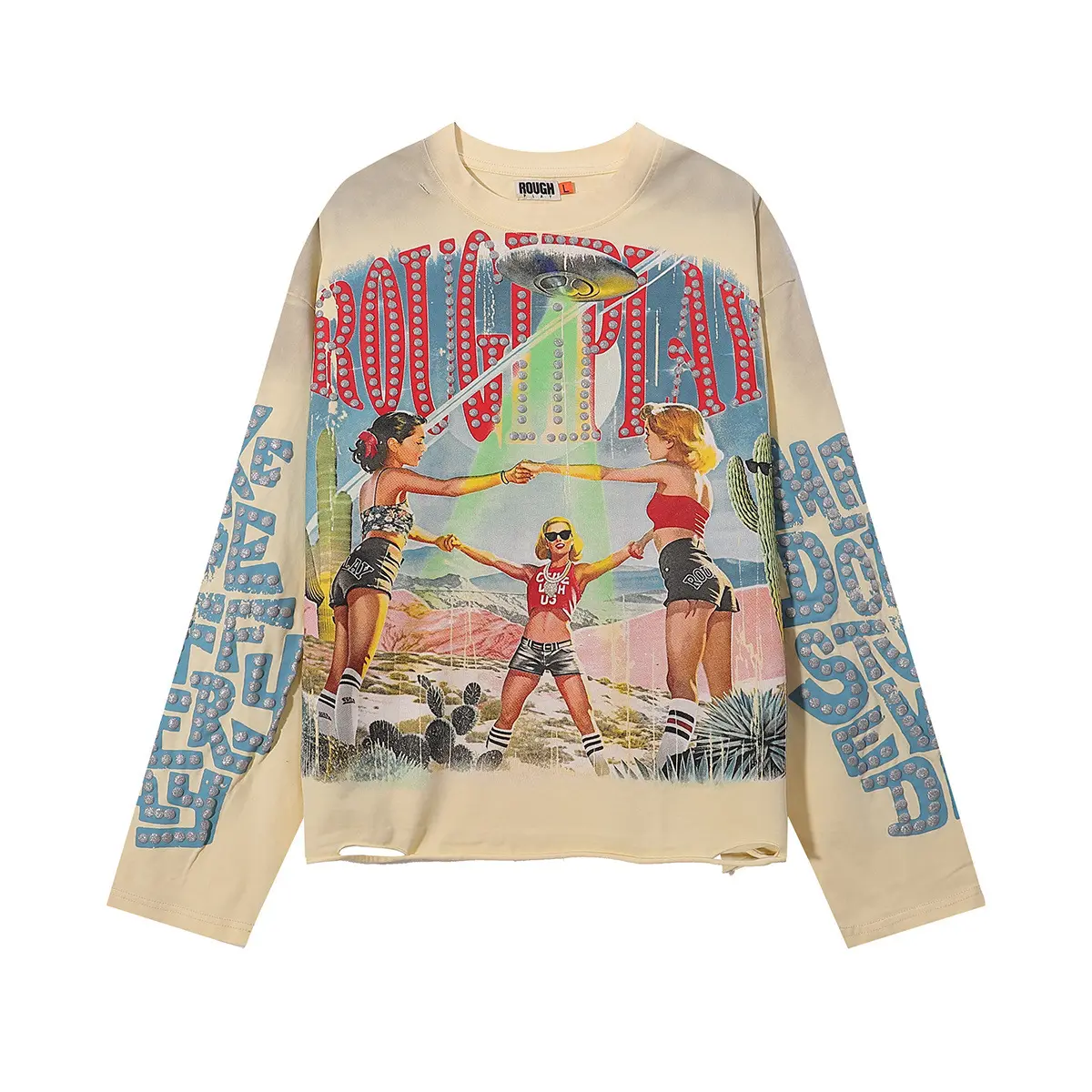 Men's Oversized Unisex Vintage 2000s Aesthetic Grunge Long Sleeves Streetwear Tshirt - Washed Cotton Top with Distressed Patchwork, Faux Layers, Rhinestone Bling Print, Chunky Boxy Baggy Hem