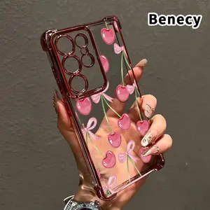 Compatible with Samsung Galaxy S23 Ultra S24 Plus S25 S22+ FE Edge Phone Case Cherry Bows Pattern Clear Protective Four Corners Air Cushion Anti-drop Shockproof Cellphone Casing