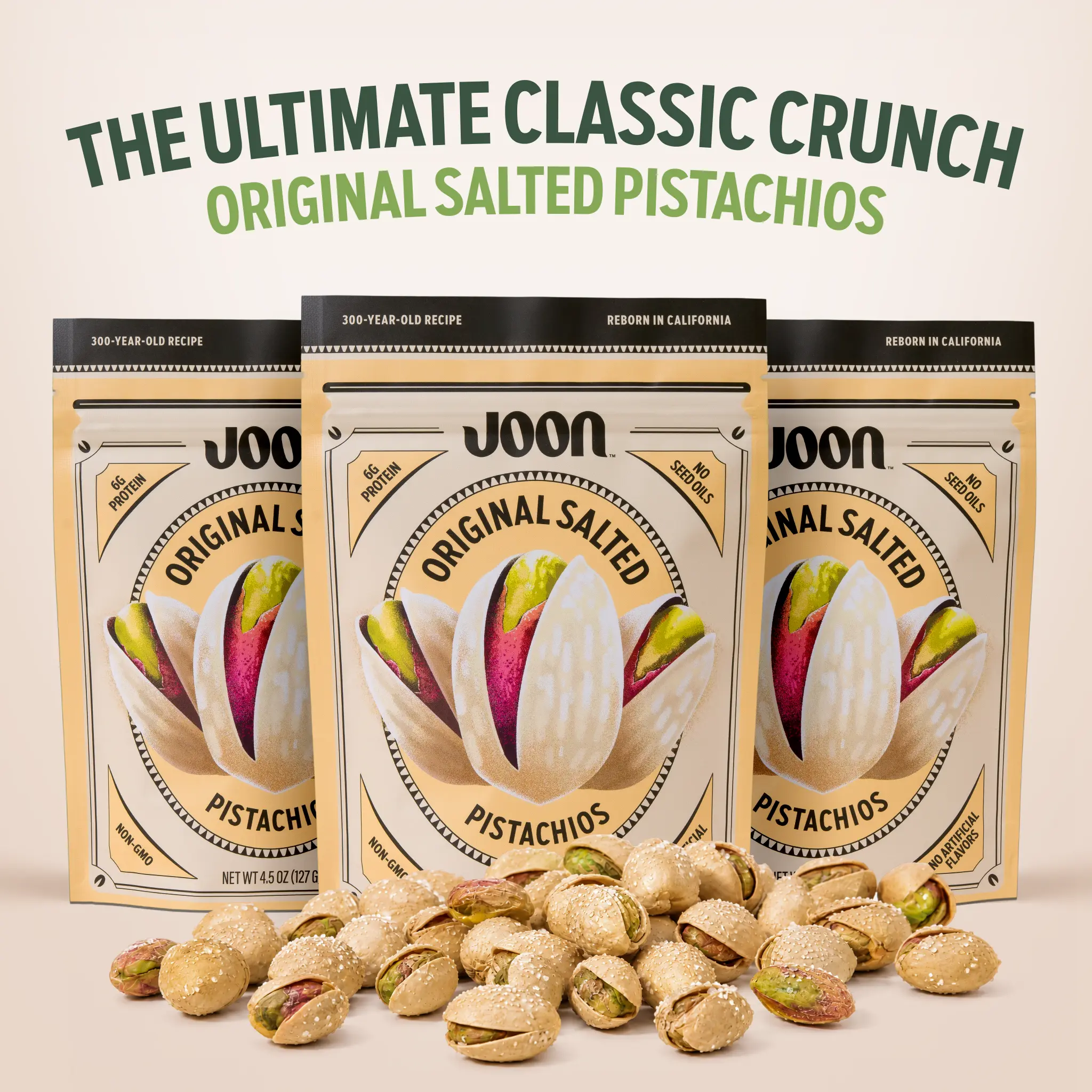 Joon Original Salted Pistachios In Shell 3-Pack, Gourmet California Pistachios, 4.5 oz Each, Protein Crunchy Snack, No Seed Oils, No Artificial Flavors