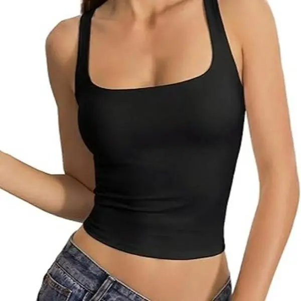 QINSEN Womens Tank Tops with Built in Bras Square Neck Double Lined Basic Sleeveless Workout Tops