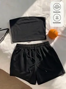 Hype Y2K Casual  2 PCS Womenswear Clothes — Elegant Tube Top & Adjustable Drawstring Shorts, Perfect for Daily Chic and Aesthetic Home Styles | Viral TikTok Trend, 2026 Must-Have Revival, Soft Breathable Fabric, Stunning Effortless Look