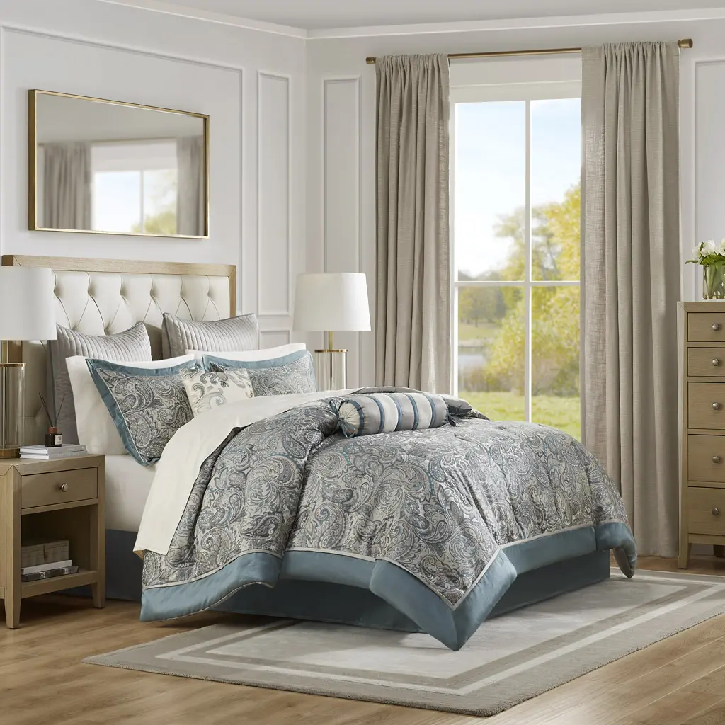 212 MAIN Aubrey 12-Piece California King Hotel Quality Bedding Set - Paisley Print Jacquard Weave Hypoallergenic Synthetic Teal Bed Comforter (106x92x1.5in), Classic Color Cotton Bedsheet Sets, Traditional Style (MP10-8313)