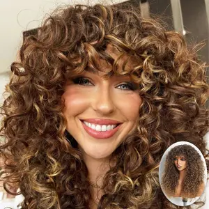 Shaggy Haircuts Ombre Curly Synthetic Wig with Bangs Honey Colored Wig , Realistic Look with True Scalp 20 Inch
