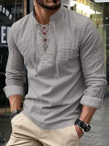 Men's Pure Color Linen Long Sleeve Shirt, Loose Comfortable Fit, Unique Drawstring Stand Collar Design, Casual Fashion for Vacation