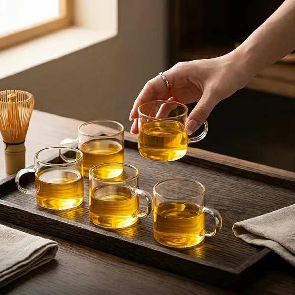 4-Piece Rimmed Round Borosilicate Glass Coffee Cups, 120ml/4.06oz Reusable Heat Resistant Drinkware with Sturdy Base, Dishwasher Safe for Hot/Cold Drinks - Ideal for Home & Office