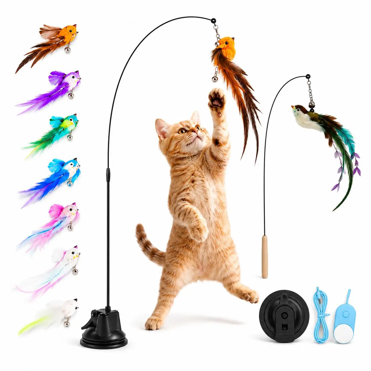 Universal Interactive Bird Cat Toy with Suction Base - Wire Frame Feather Wand, Horizontal-Vertical Adjustment, Hunting Stimulation, Indoor Cat Self-Play, 7 Replacement Bells & Colorful Birds