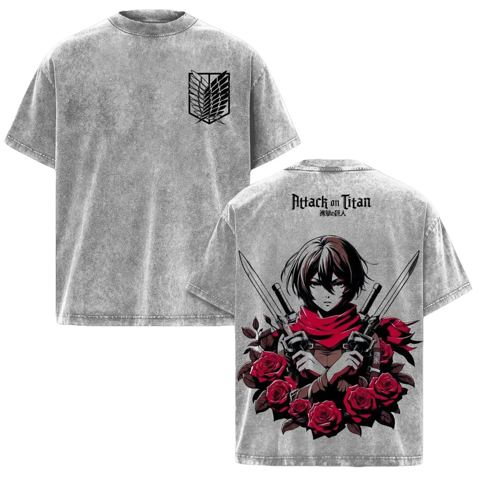 Men's Aesthetic Cotton Loose-Fit Crew Neck Short-Sleeve Casual T-Shirt - Retro Manga Washed Oversized Mikasa Ackerman Graphic Print Tee, Scout Regiment Warrior Gift for AOT Fans, Shortsleeve, Menswear, Round Neck, Top, Tshirt