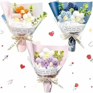3 Pcs Valentine Crochet Gifts for Teachers Bulk Positive Handmade Crochet Flowers Bouquet Thank You for Helping Me Grow Flower Bouquet Teacher Appreciation Gift for Women Men Educator (Pastel)