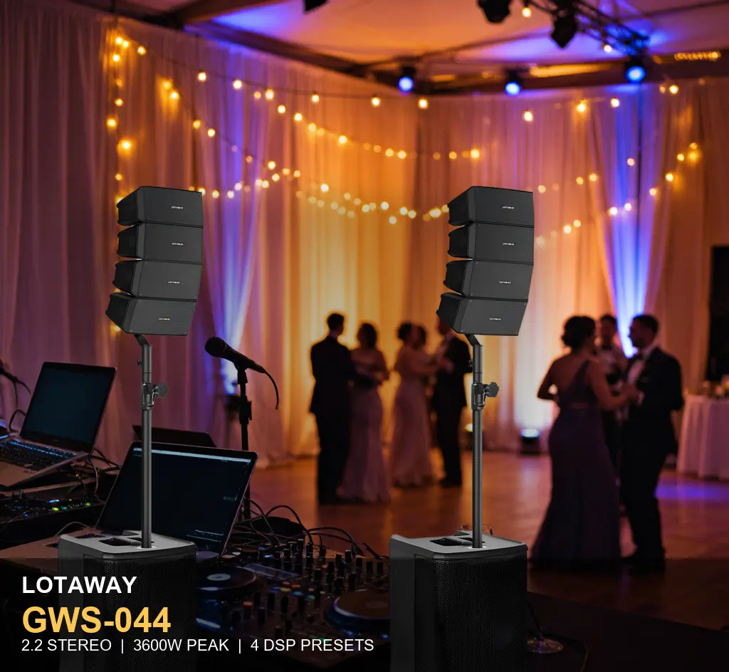 LOTAWAY GWS-044 2.2 Stereo Line Array PA System - Dual 12" Subwoofers, 3600W Peak, 4 DSP Presets (Music/Live/Speech/Flat), Bluetooth TWS, XLR/RCA, Mic Echo, for DJ Gigs, Weddings & Live Events