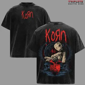 Korn Band Graphic Washed Tee, Vintage Nu Metal T-Shirt, Oversized Streetwear Grunge Shirt, Distressed Black Acid Wash Cotton Tee, Horror Doll Artwork Back Print, Unisex Rock Style W4G