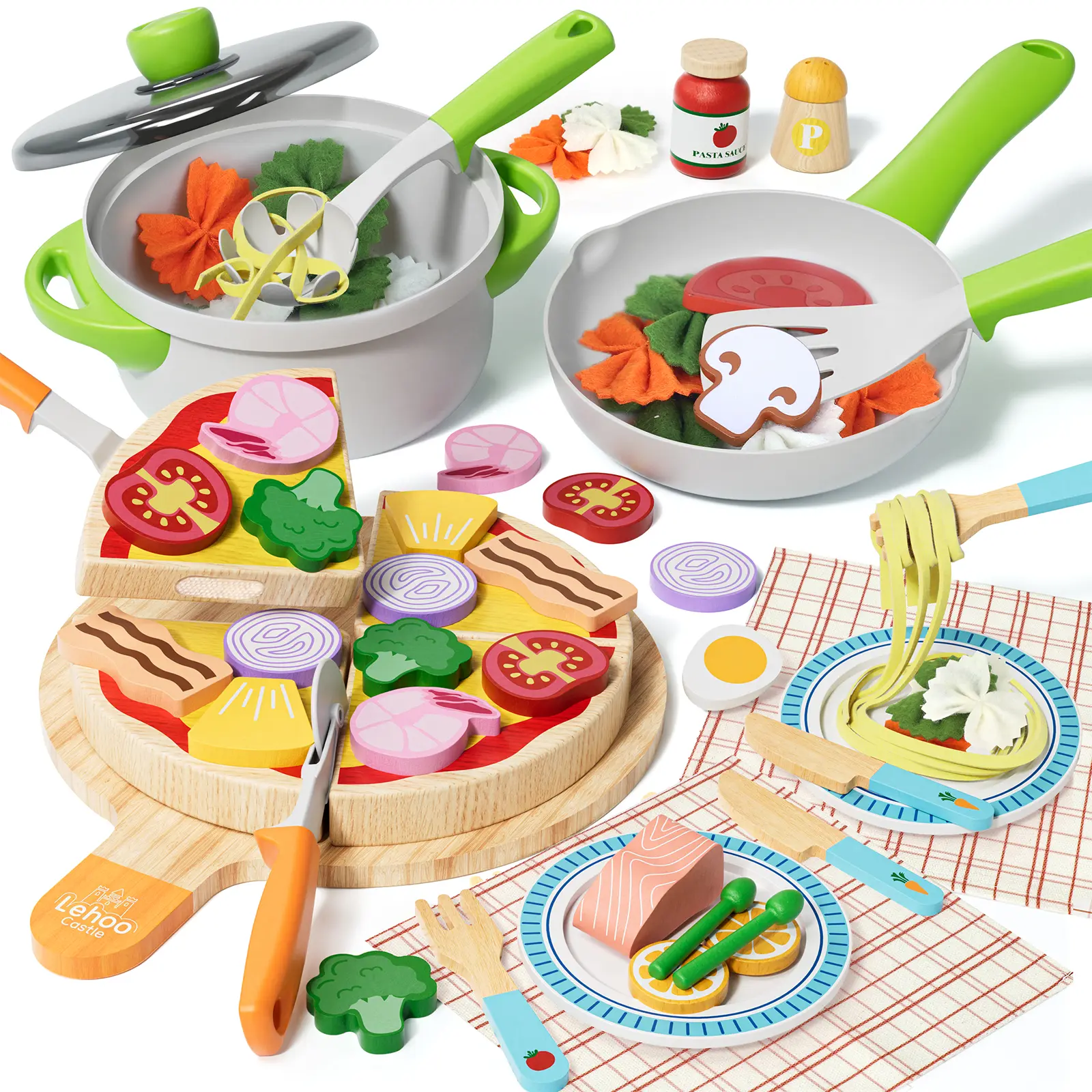 Lehoo Castle Wooden Pretend Cooking Set for Toddler Kitchen, Child Safe Kitchen & Food Toys with Cuttable Pizza, Pizza & Pasta for Pretend, Pots, Pans, Cooking Utensils for Kids
