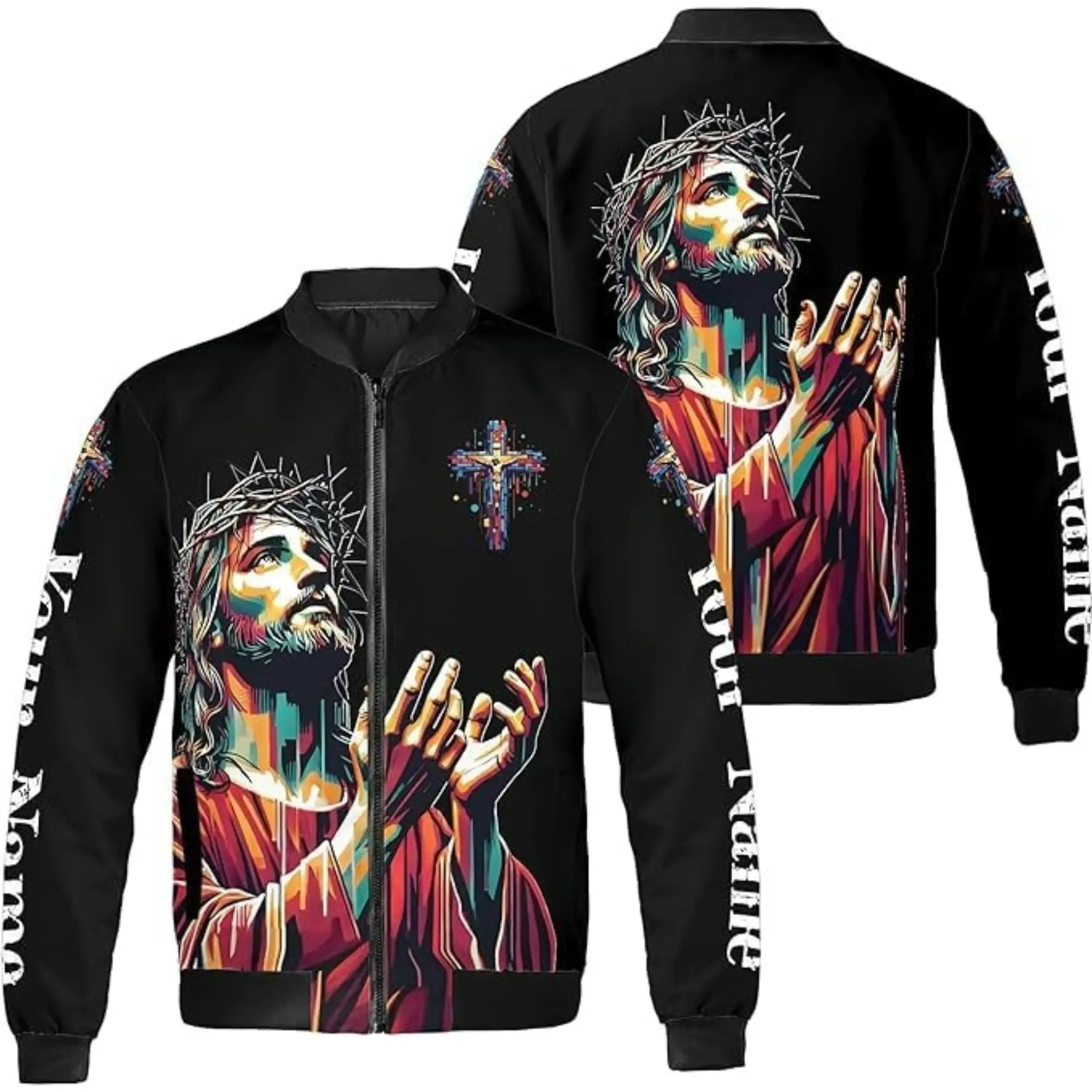Personalized Jesus Christian Bomber Jacket S–5XL - Colorful Faith Prayer Cross Graphic Zip Up Jacket, Religious Inspirational Outerwear for Men Women