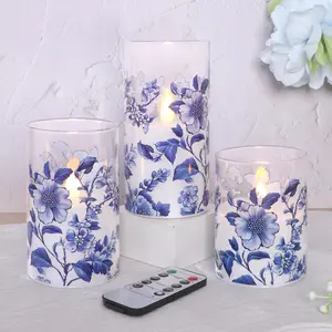 Impress Life Chinoiserie Decor Flameless Candles Blue and White Battery Operated with Remote & Timer Blue White Floral Printed Glass Flickering LED Pillar Candle for Wedding Party Home Table Decor