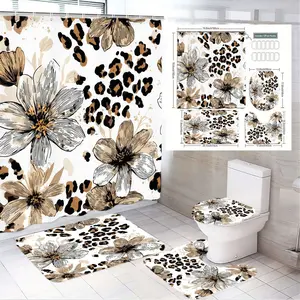 1/4pcs Leopard-Floral Bathroom, Restroom Set with Shower Curtain Sets, Bath Mats & Toilet Cover - White Gray Gold Black Pattern, Perfect for Spring Decor, Easter, Home Bathroom Accessories, Bathroom Decoration Accessories