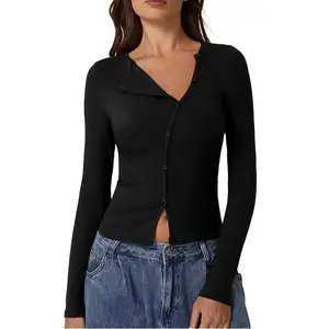 QINSEN Women's Long Sleeve Ribbed Crewneck Shirts Upper Button Fastening Going Out Tops