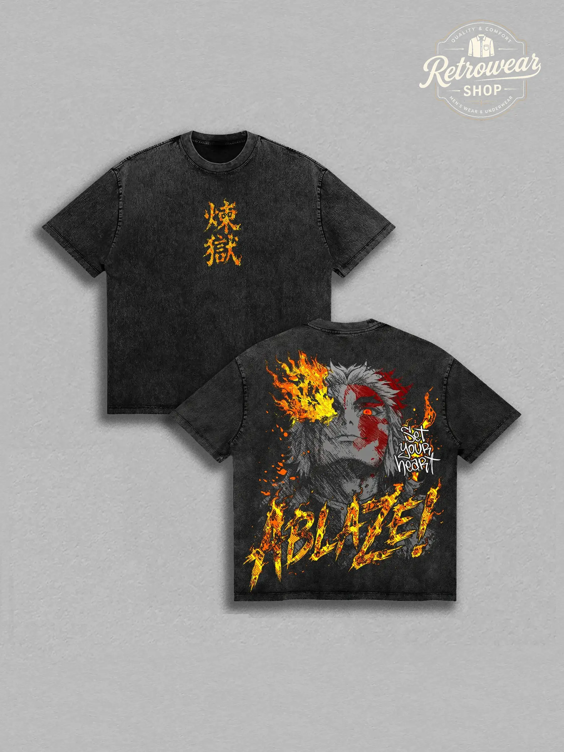Men's Kyojuro Rengoku Demon Slayer Flame Hashira Anime Graphic T-Shirt, Menswear Streetwear Round Neck Shortsleeve Top, Tshirt