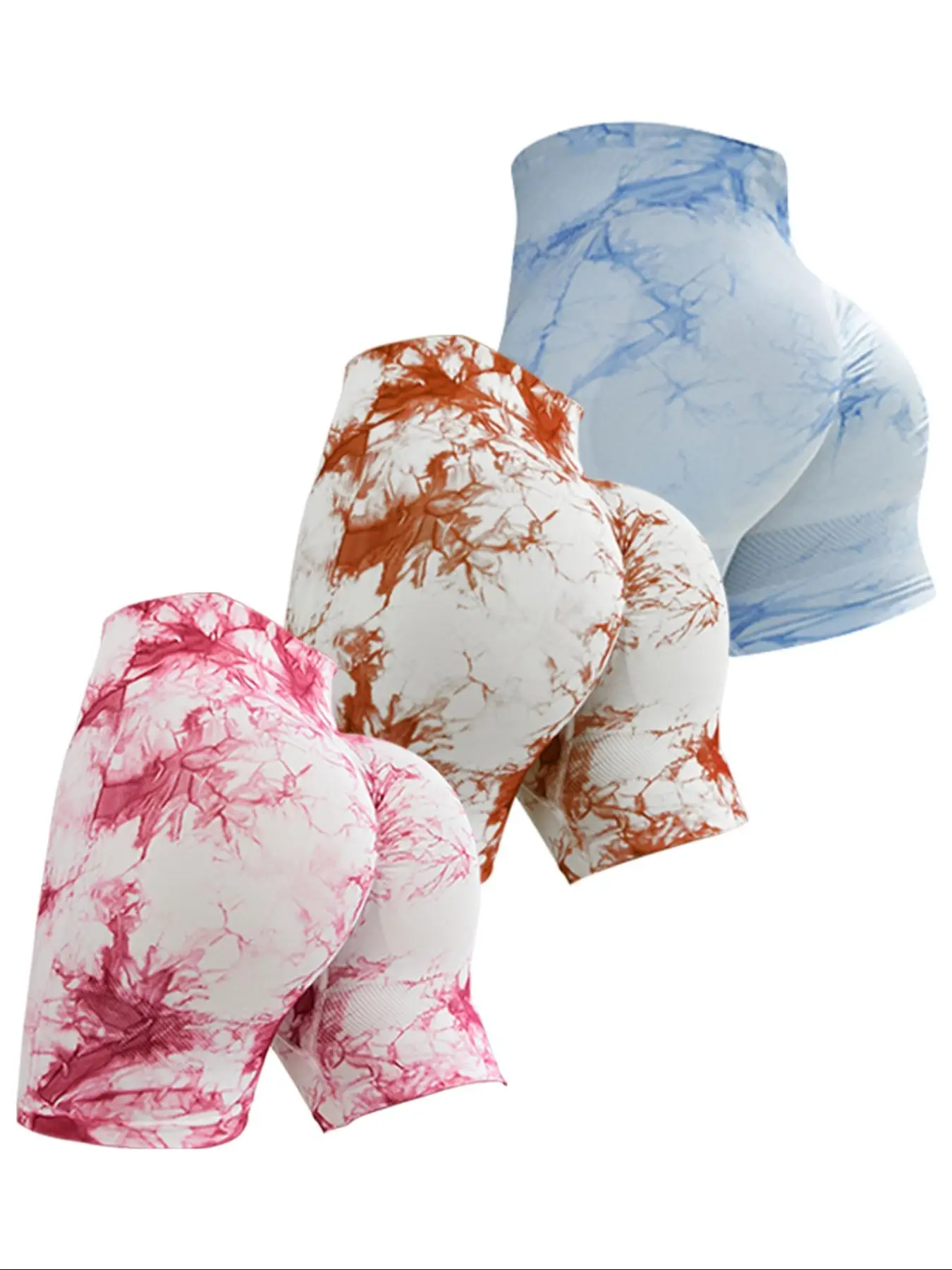 Women's 3pcs Tie Dye Print High Waist Sports Gym Shorts, High Stretch Seamless Yoga Short Leggings, Ladies Sportswear for Indoor Outdoor Wear, Gymclot