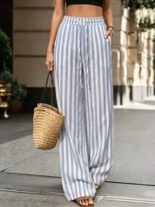 Women's Striped Drawstring Waist Wide Leg Pants Vacation Style Elastic Waist Linen-Like Casual Summer Trousers, Trendy Vacation Flowy Loose Fit Loungewear Pants for Beach Daily Wear Streetwear #summeroutfits #grungefashion #fyp #casualchic #summervibes