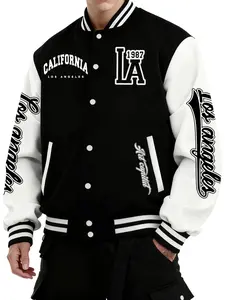 Men's Los Angeles Baseball Jacket with California Letter Print, Button Closure, All-Season Outerwear, Comfortable Stretch Fabric