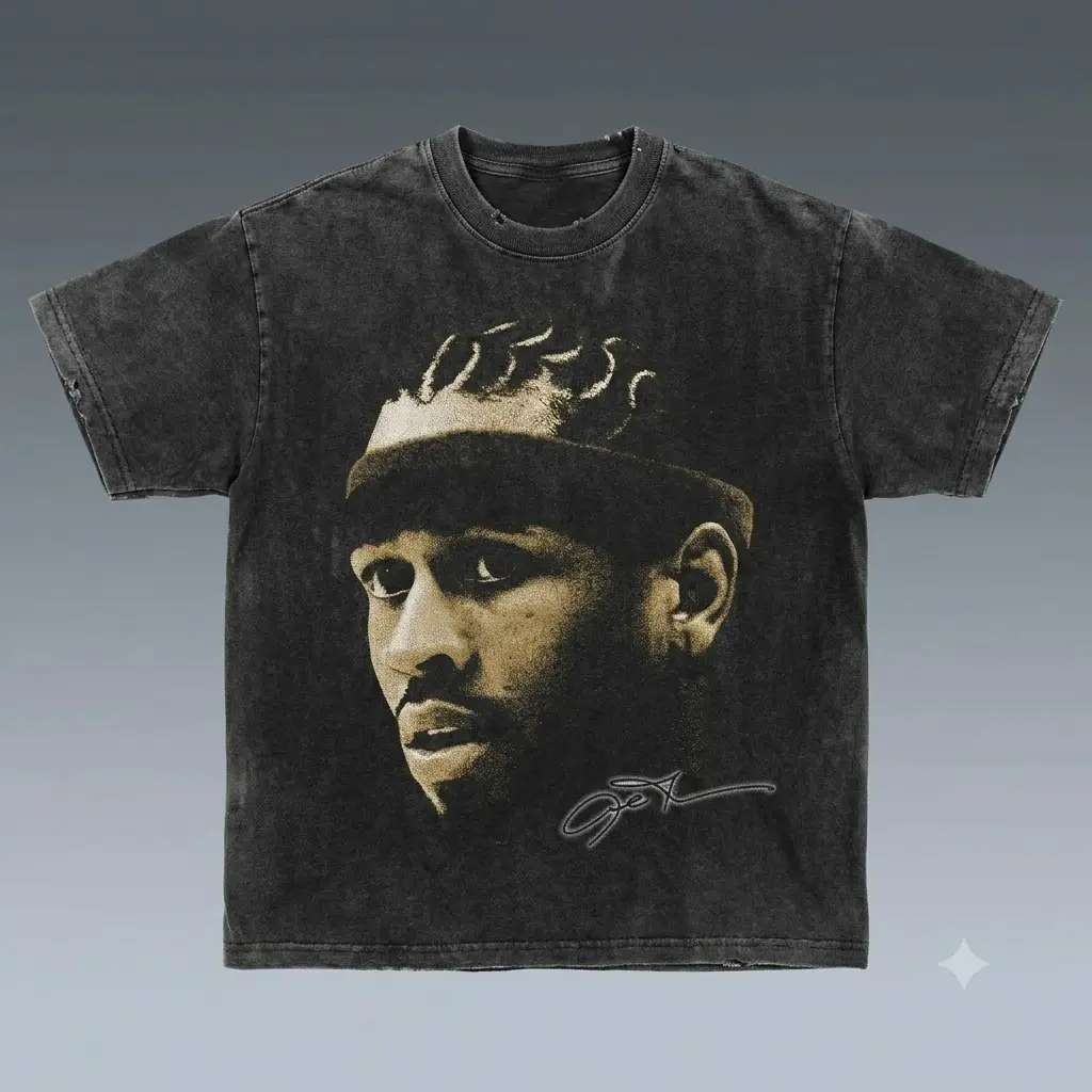 Men's Vintage Washed Allen Iverson Signature Portrait Graphic Cotton Short-Sleeve T-Shirt, Retro 90s Basketball Hip Hop Oversized Unisex Distressed Apparel Garment