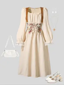 Elegant Girls' Floral Print Long Sleeve Dress, Lace Trimmed Ruffle Details, Bow Decoration, Perfect for Daily Wear & Parties, Floral Printed Dress